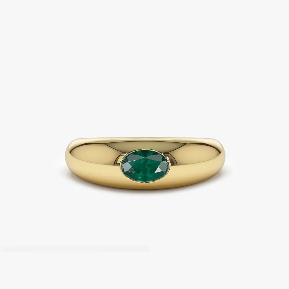 14K Solid Gold Oval Emerald Flush Set Dome Ring 0.49 CTW Handcrafted Jewelry