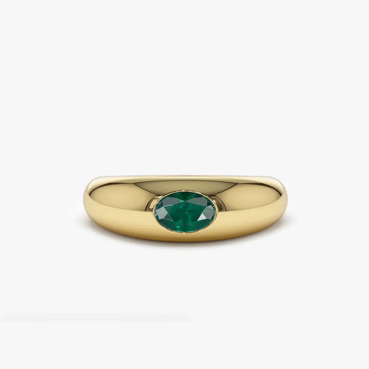 14K Solid Gold Oval Emerald Flush Set Dome Ring 0.49 CTW Handcrafted Jewelry