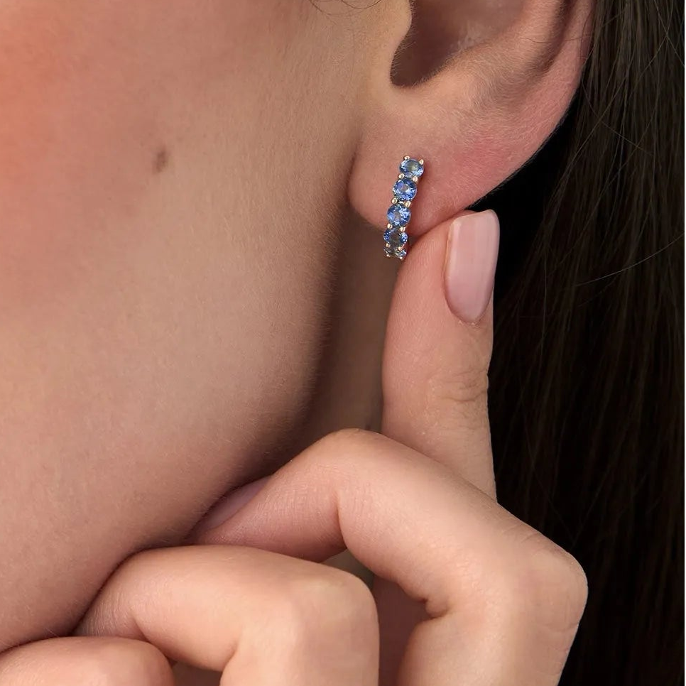 14K Solid Gold Round London Blue Topaz Prong Set Half Hoop Earrings 1.50ctw