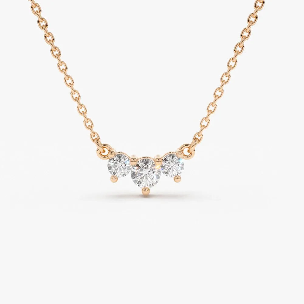 14K Solid Gold Round Diamond Trio Past Present Future Necklace Prong Setting 0.26ctw