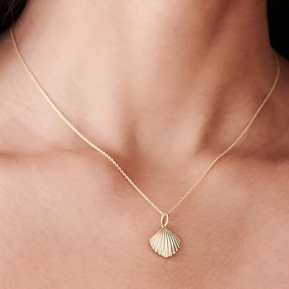 14k Solid Gold Shell Charm Pendant Necklace Coastal Beach Inspired