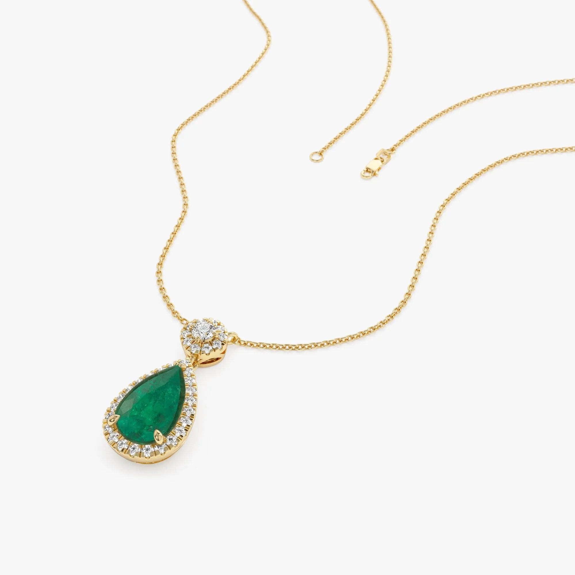 14k Solid Gold Pear Shape Emerald 2.00 CTW and Round Diamond 0.35 CTW Halo Pendant Necklace