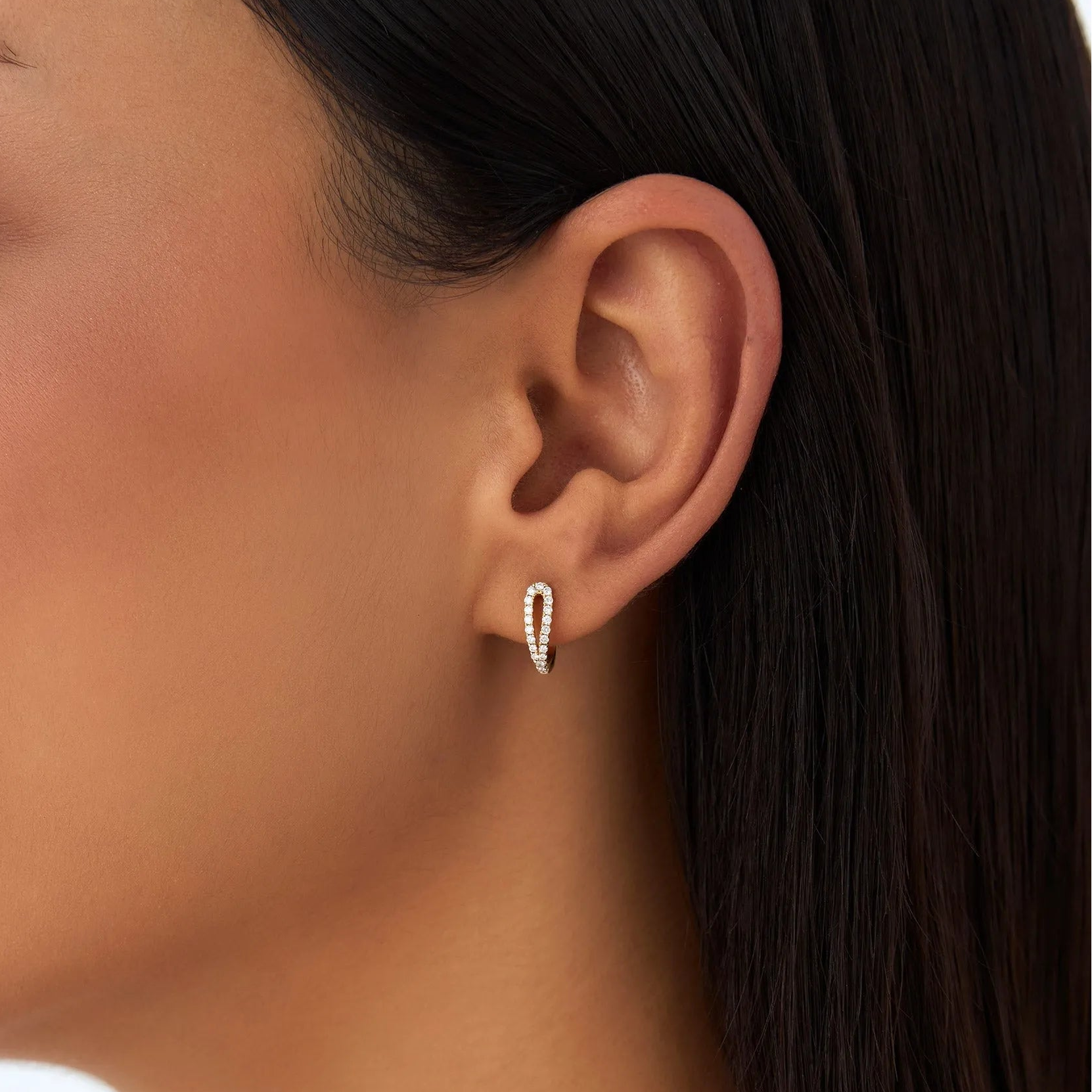 14k Gold Diamond Round Cut Double Mini Hoop Earrings 0.18 ctw
