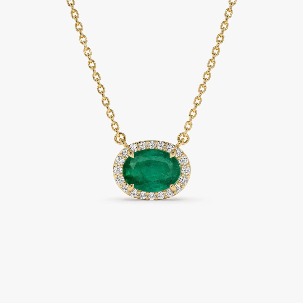 14k Solid Gold Octagon Emerald 0.75 CTW and Round Diamond 0.10 CTW Halo Pendant Necklace