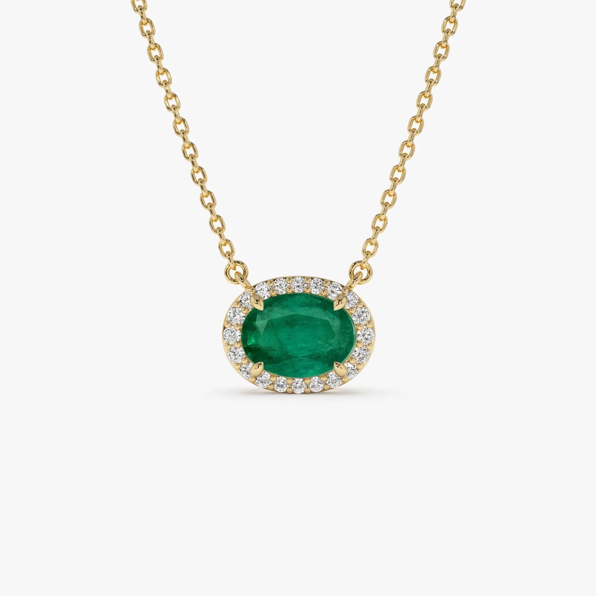 14k Solid Gold Octagon Emerald 0.75 CTW and Round Diamond 0.10 CTW Halo Pendant Necklace