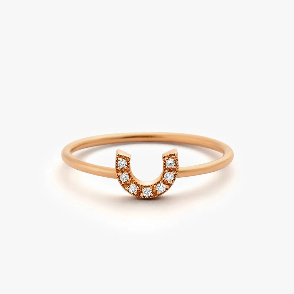 14K Gold White Diamond Round Cut Horseshoe Ring Micro Pave Stackable 0.04 CTW