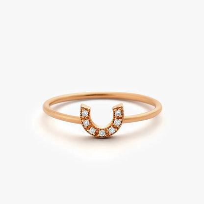 14K Gold White Diamond Round Cut Horseshoe Ring Micro Pave Stackable 0.04 CTW