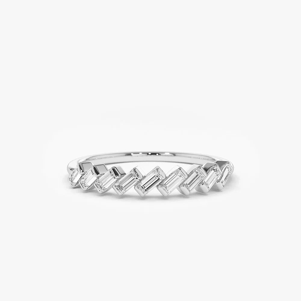 14K Gold Baguette Diamond 9 Stone Slanted Channel Set Ring 0.34 CTW