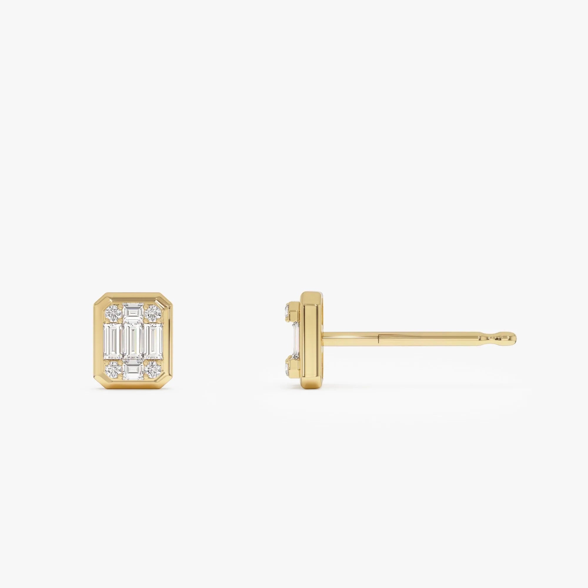 14k Gold Diamond Baguette and Round Cut Illusion Setting Stud Earrings 0.28 ctw