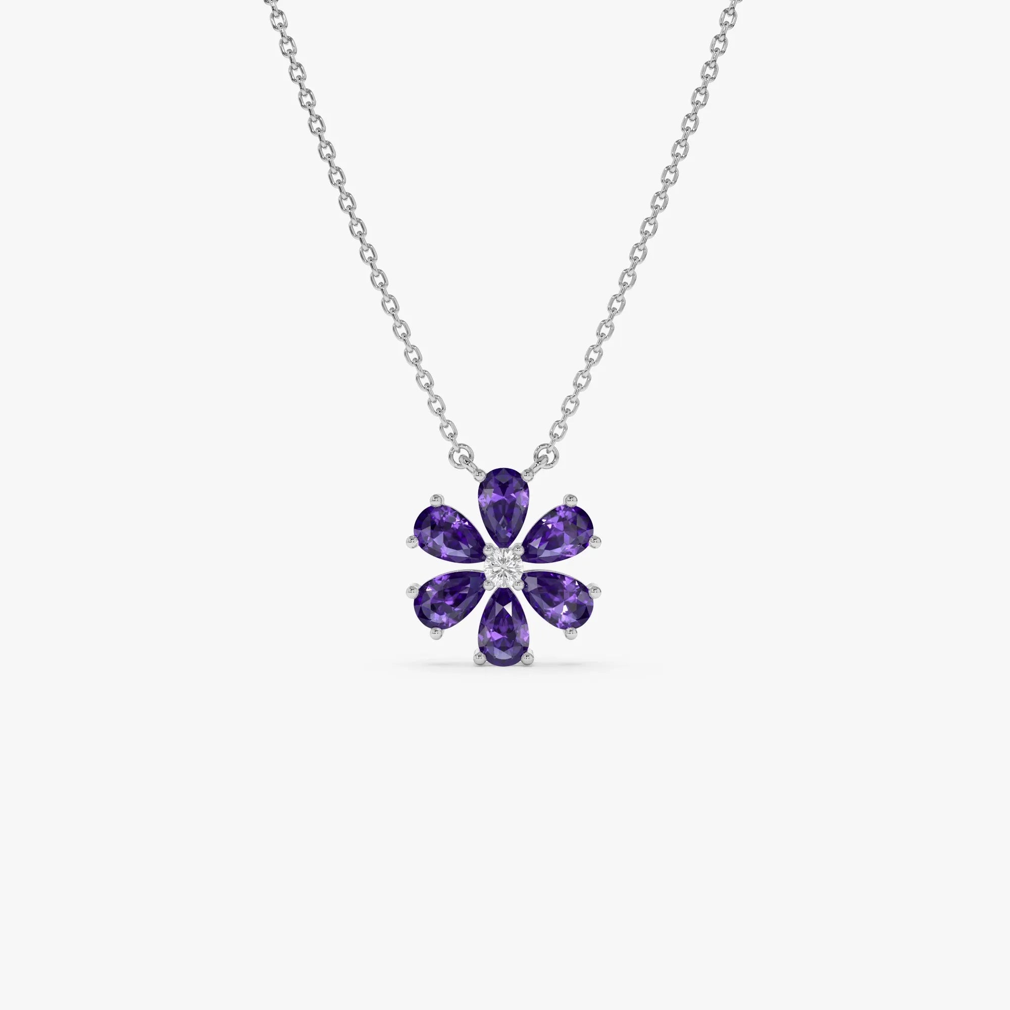 14k Solid Gold Amethyst and Diamond Pear and Round Flower Necklace 1.35 Carat