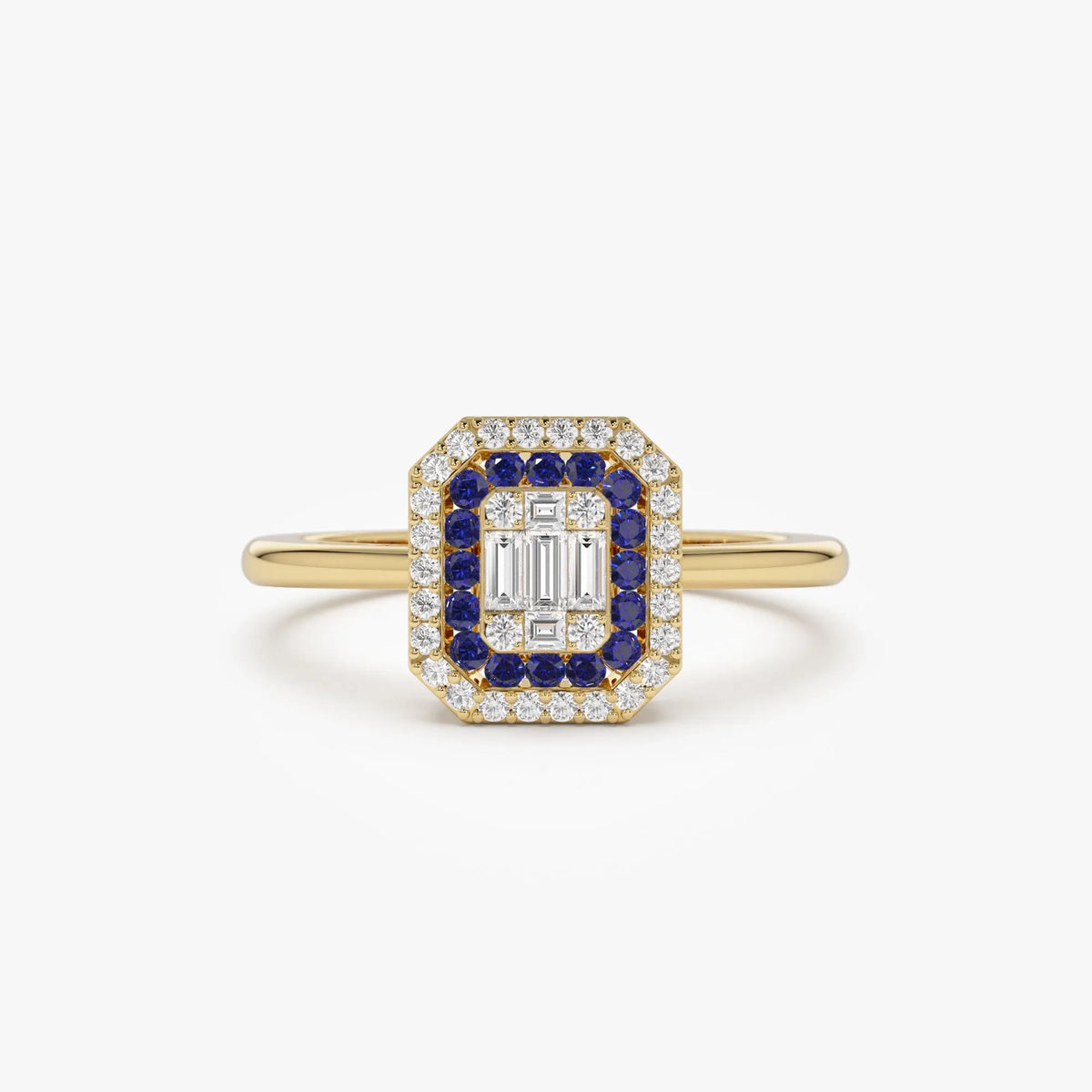 14k Gold Sapphire and Diamond Baguette and Round Cut Halo Setting Ring 0.47 ctw