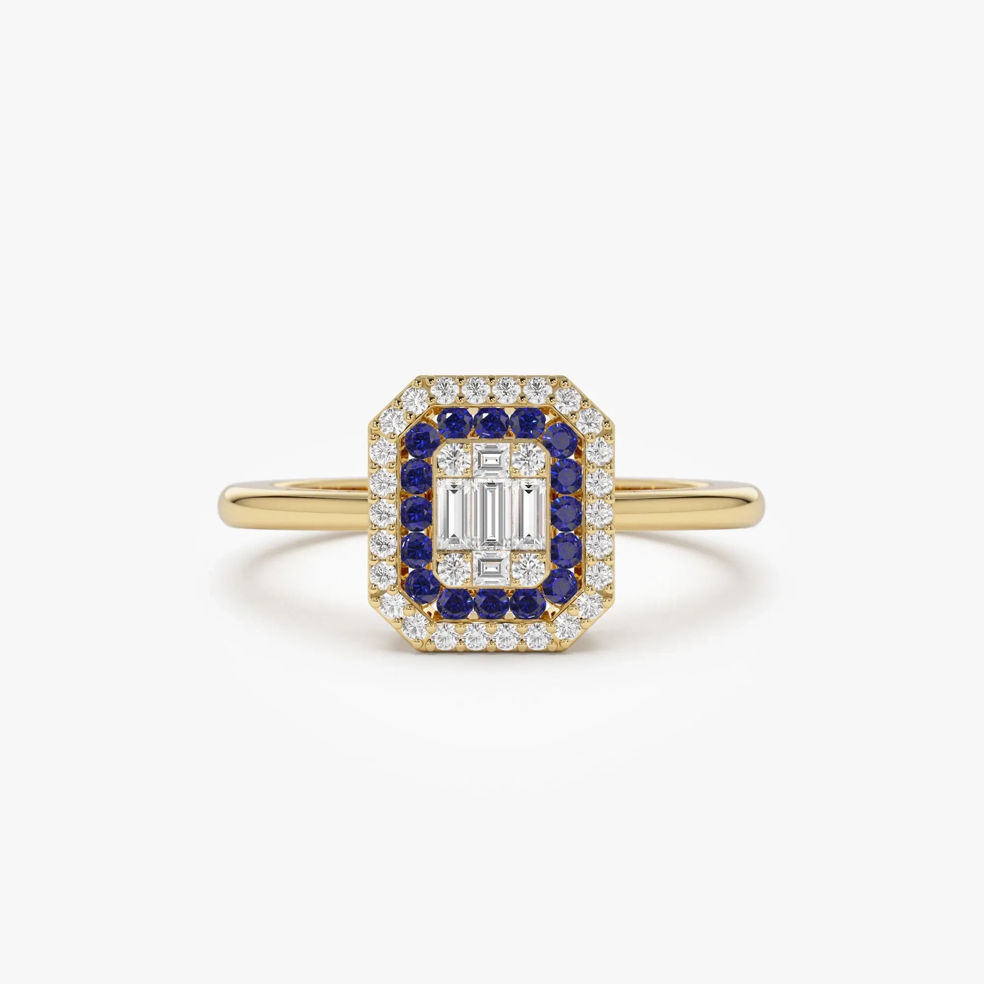 14k Gold Sapphire and Diamond Baguette and Round Cut Halo Setting Ring 0.47 ctw