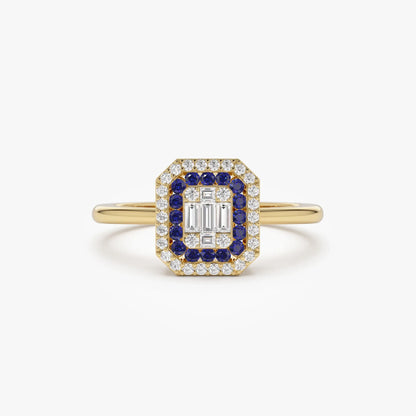 14k Gold Sapphire and Diamond Baguette and Round Cut Halo Setting Ring 0.47 ctw