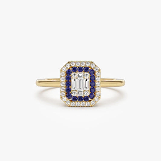 14k Gold Sapphire and Diamond Baguette and Round Cut Halo Setting Ring 0.47 ctw