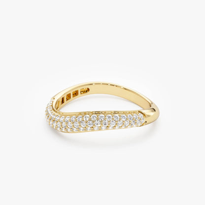 14K Solid Gold Round Diamond 0.40 Carat Three Row Pave Wave Ring