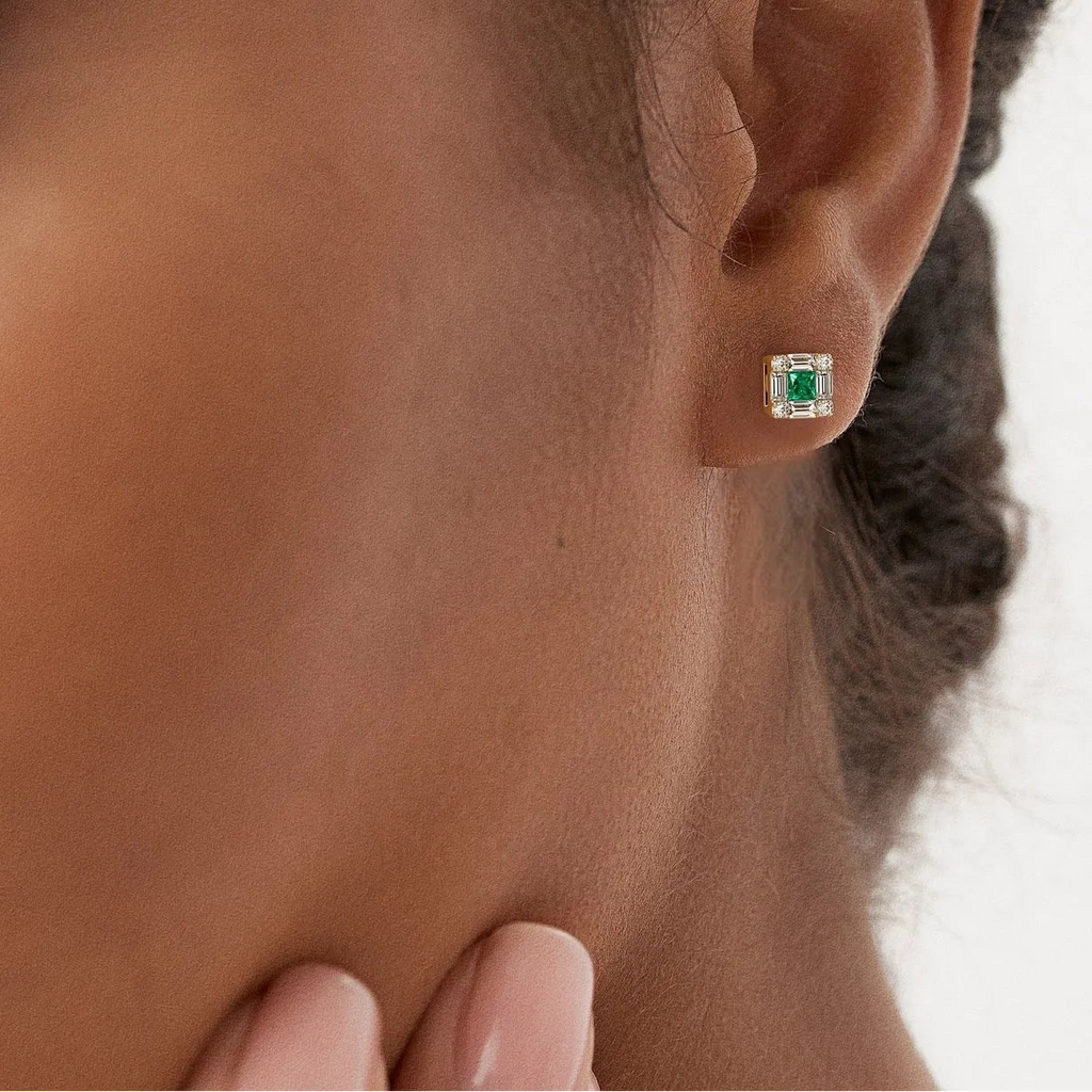 14k Solid Gold Princess Cut Emerald and Diamond Halo Stud Earrings 0.35 ctw