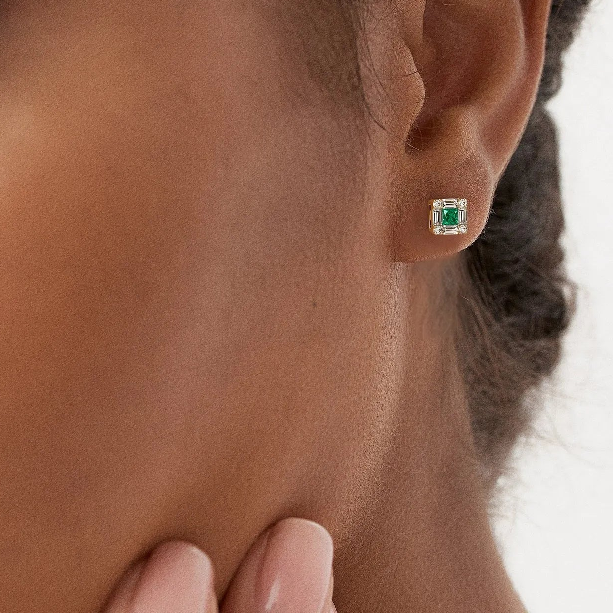 14k Solid Gold Princess Cut Emerald and Diamond Halo Stud Earrings 0.35 ctw