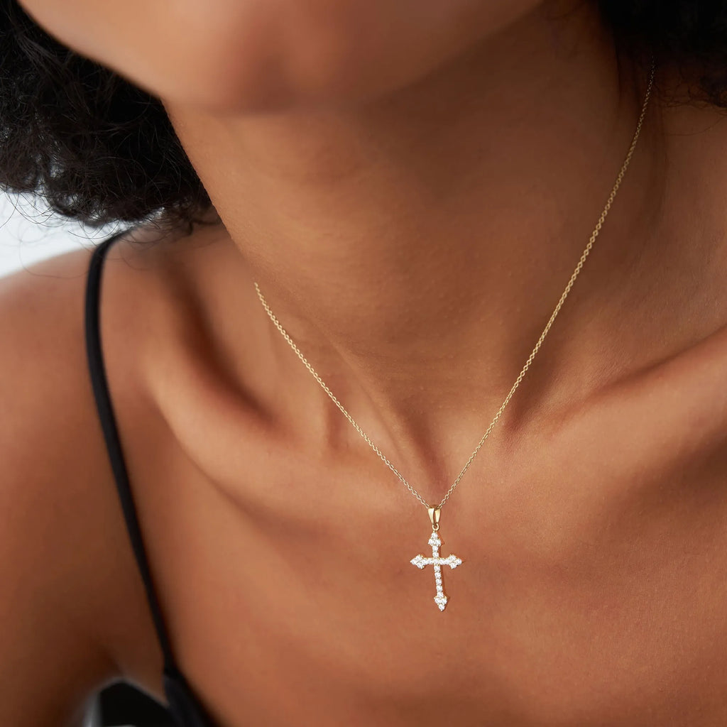 14K Solid Gold 0.45 CTW Round Diamond Cross Charm Necklace