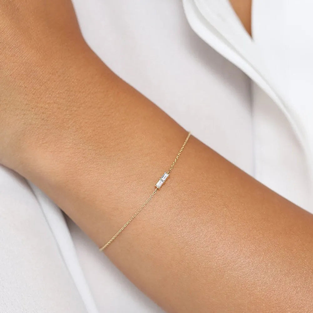 14K Solid Gold Baguette Diamond Double Stone Chain Bracelet Prong Setting 0.12 Carat