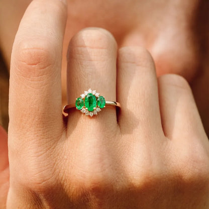 14K Gold Oval Emerald and Round Diamond Three Stone Cluster Ring 1.06 CTW