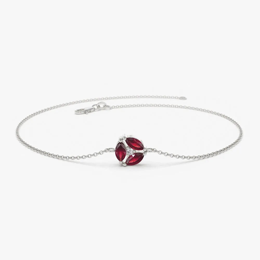 14K Solid Gold 0.30ctw Marquise Ruby and Round Diamond Cluster Bracelet