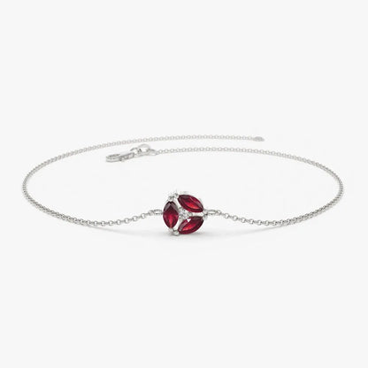 14K Solid Gold 0.30ctw Marquise Ruby and Round Diamond Cluster Bracelet