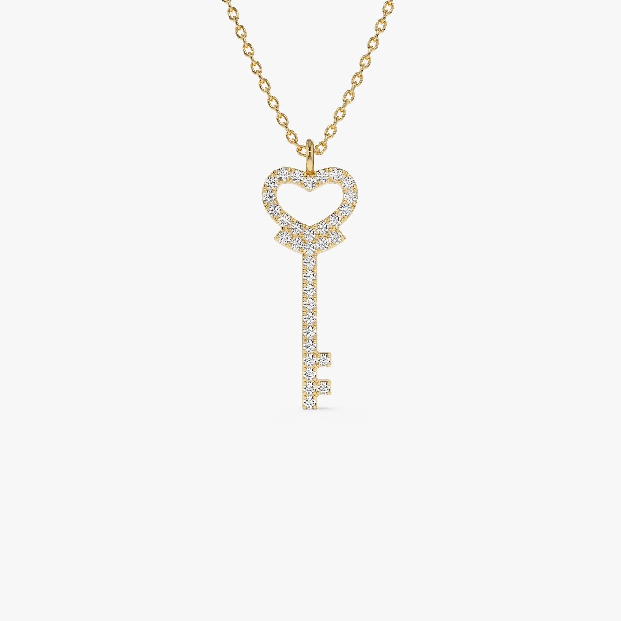 14K Solid Gold 0.20 CTW Round Diamond Heart Key Pendant Necklace