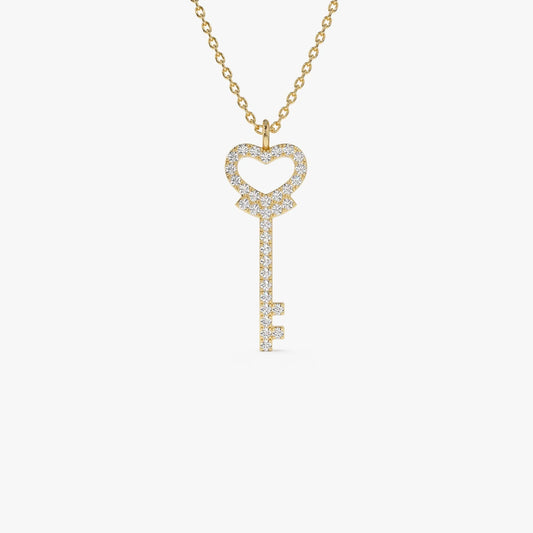 14K Solid Gold 0.20 CTW Round Diamond Heart Key Pendant Necklace