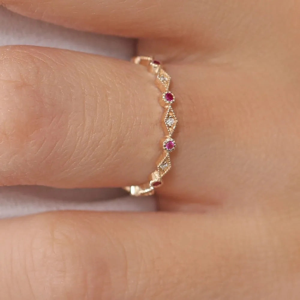 14k Gold Ruby and Diamond Round Cut Art Deco Geometric Wedding Band Bezel Setting 0.20 ctw