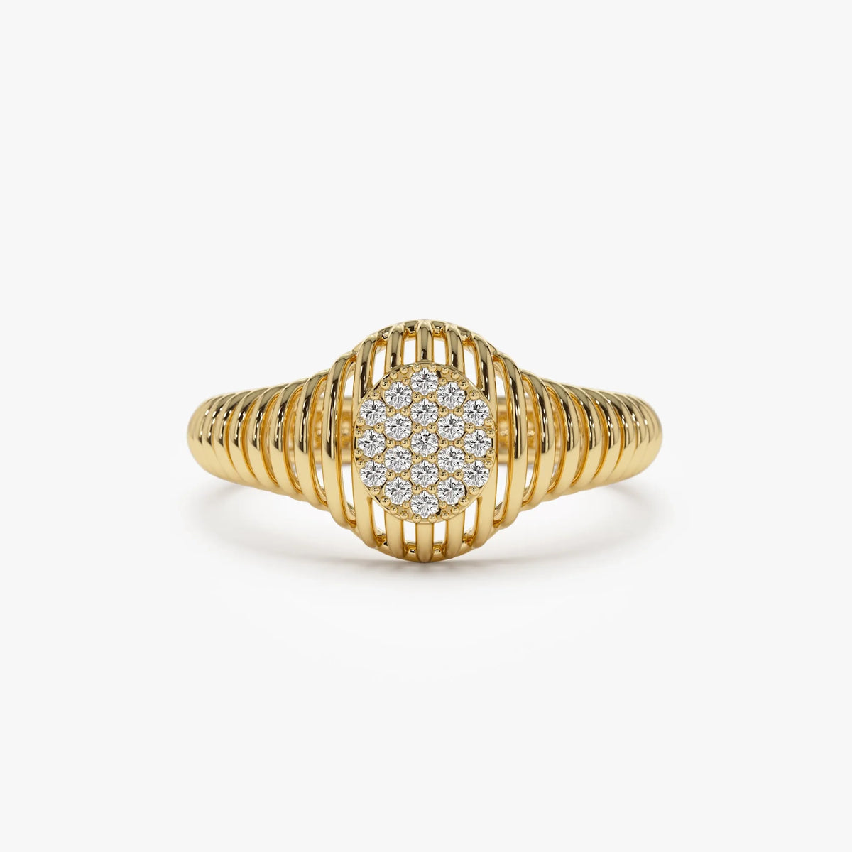 14K Solid Gold Round Diamond 0.10 Carat Ribbed Oval Signet Ring