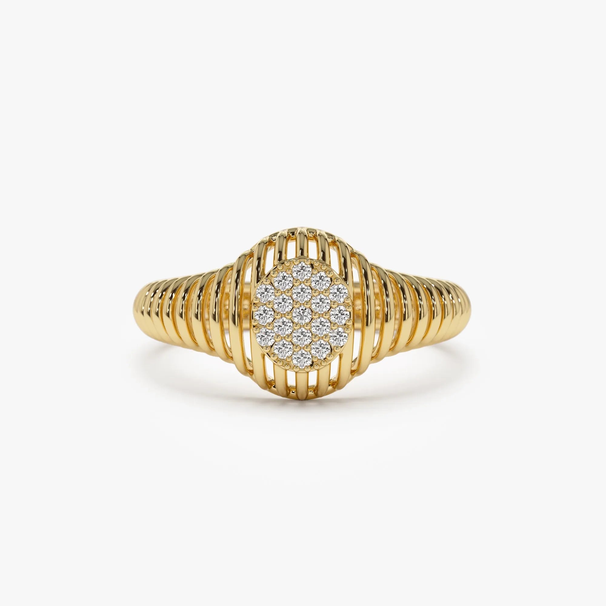 14K Solid Gold Round Diamond 0.10 Carat Ribbed Oval Signet Ring