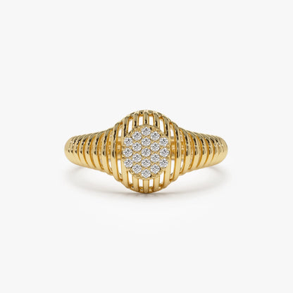 14K Solid Gold Round Diamond 0.10 Carat Ribbed Oval Signet Ring