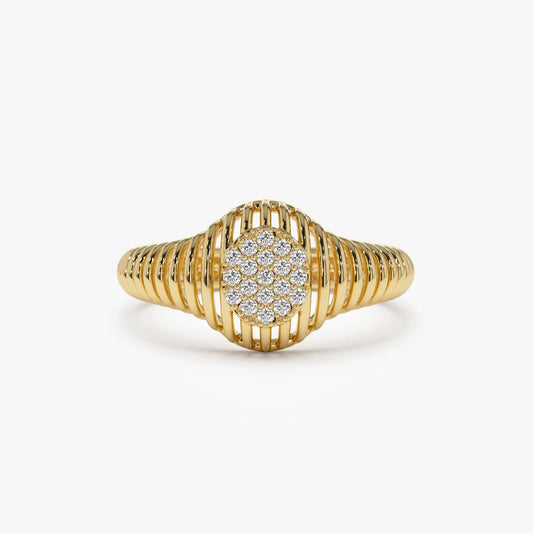 14K Solid Gold Round Diamond 0.10 Carat Ribbed Oval Signet Ring