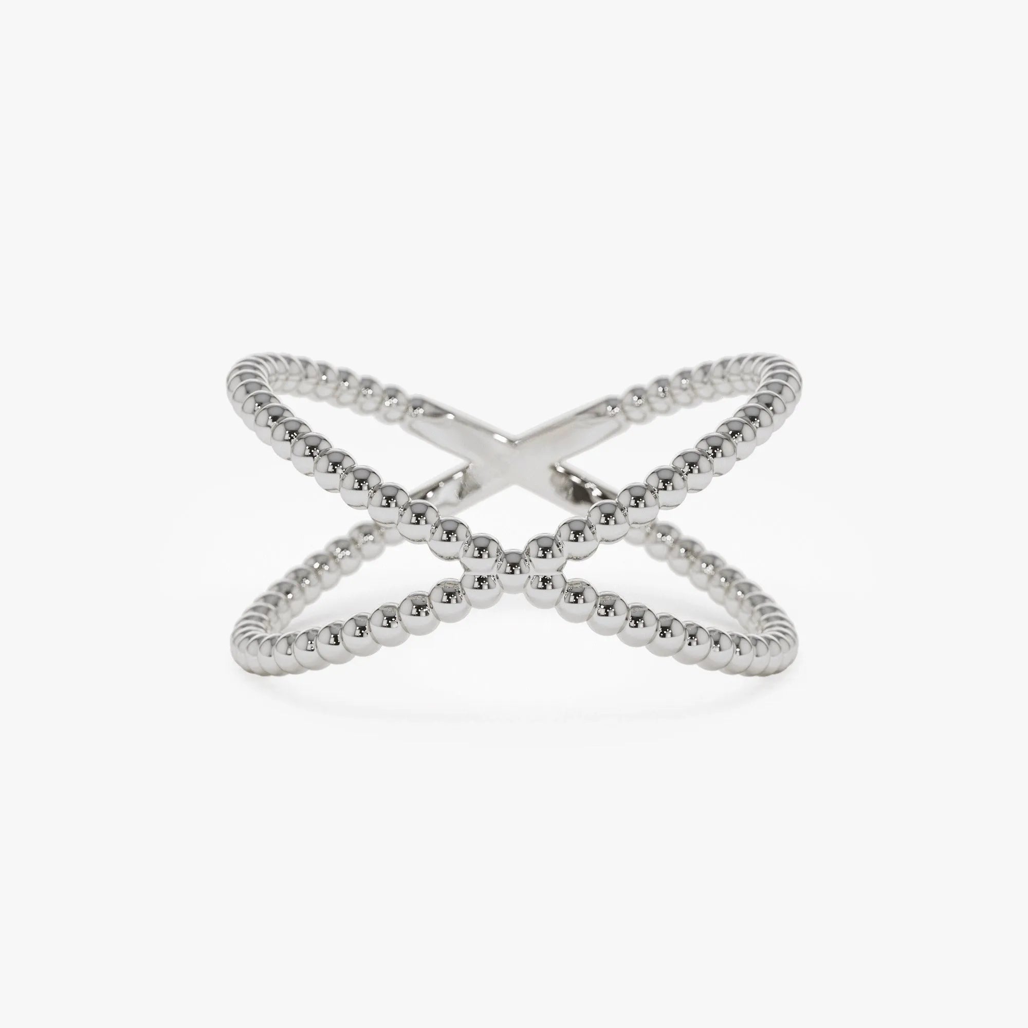 14k Solid Gold Beaded Band Criss Cross Statement Ring