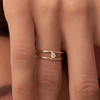 14K Solid Gold Round Diamond Double Band Bezel Set Solitaire Ring 0.07 Carat