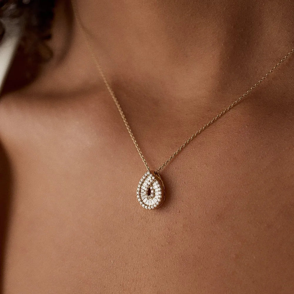 14K Solid Gold Baguette and Round Diamond Teardrop Statement Necklace 0.48ctw