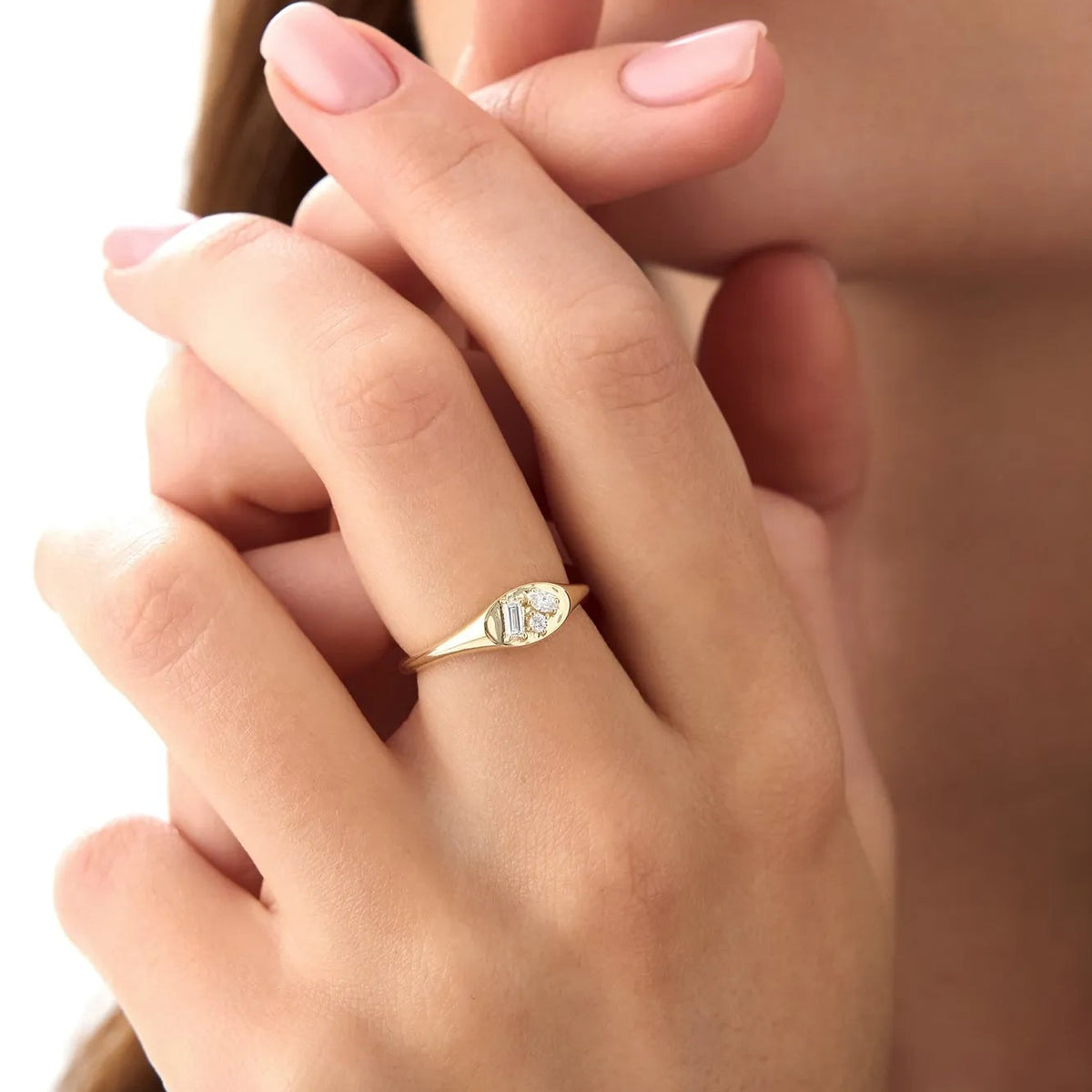 14K Solid Gold Mixed Cut Diamond Signet Ring 0.18 ctw Marquise Baguette and Round Natural Diamonds