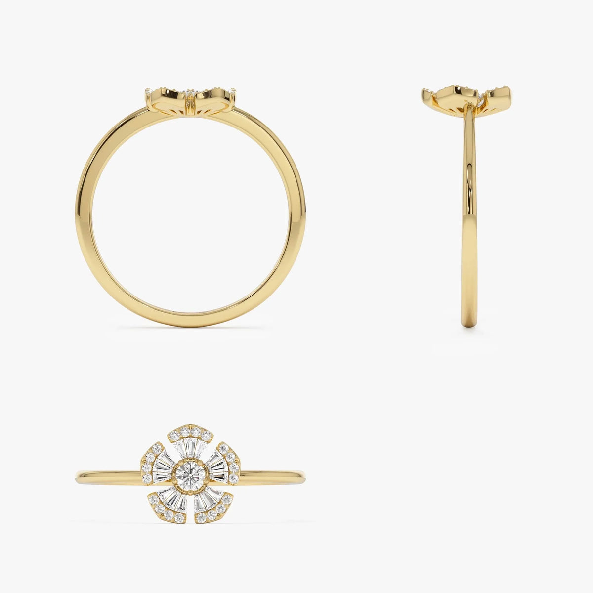 14k Gold 0.33 ctw Round and Baguette Diamond Floral Ring