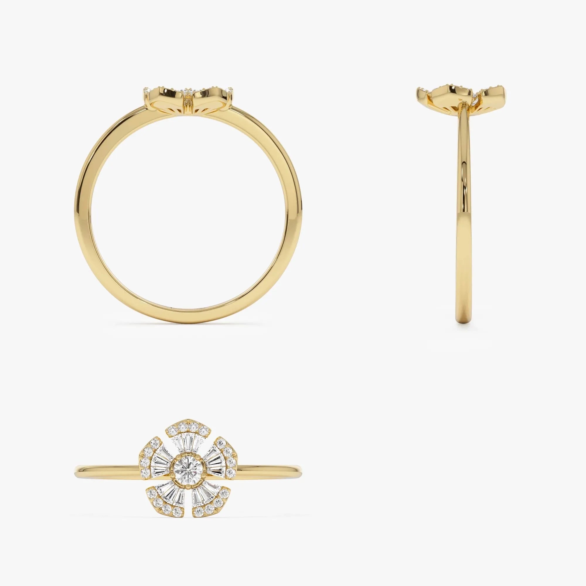 14k Gold 0.33 ctw Round and Baguette Diamond Floral Ring