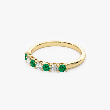 14K Solid Gold Round Emerald and Diamond 7 Stone Basket Setting Wedding Ring 0.40 CTW
