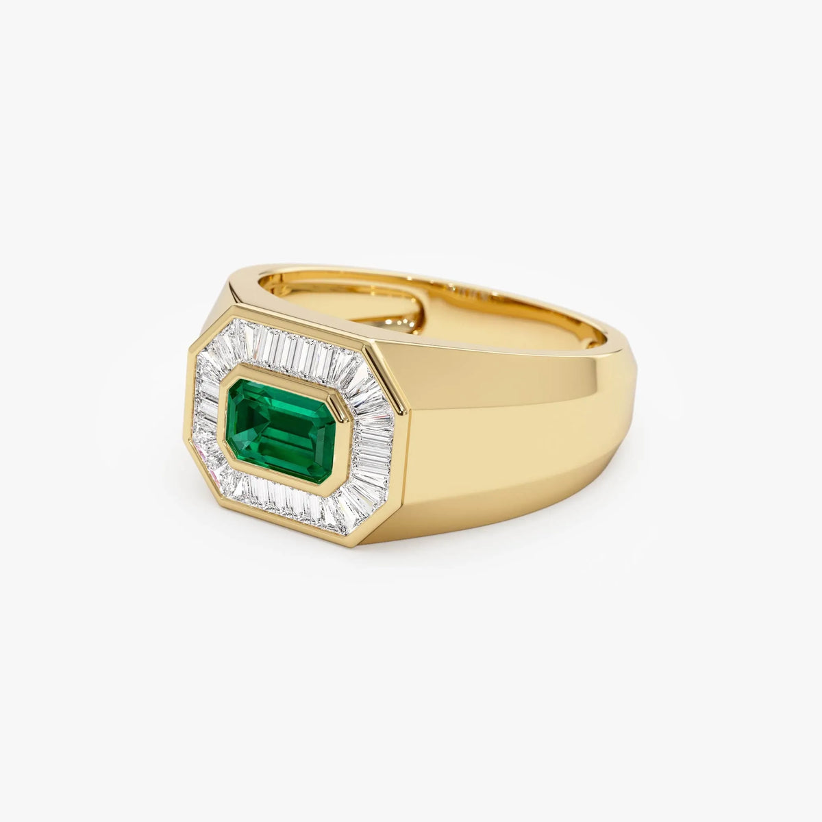 14K Solid Gold Octagon Emerald and Baguette Diamond Signet Ring 1.10 CTW