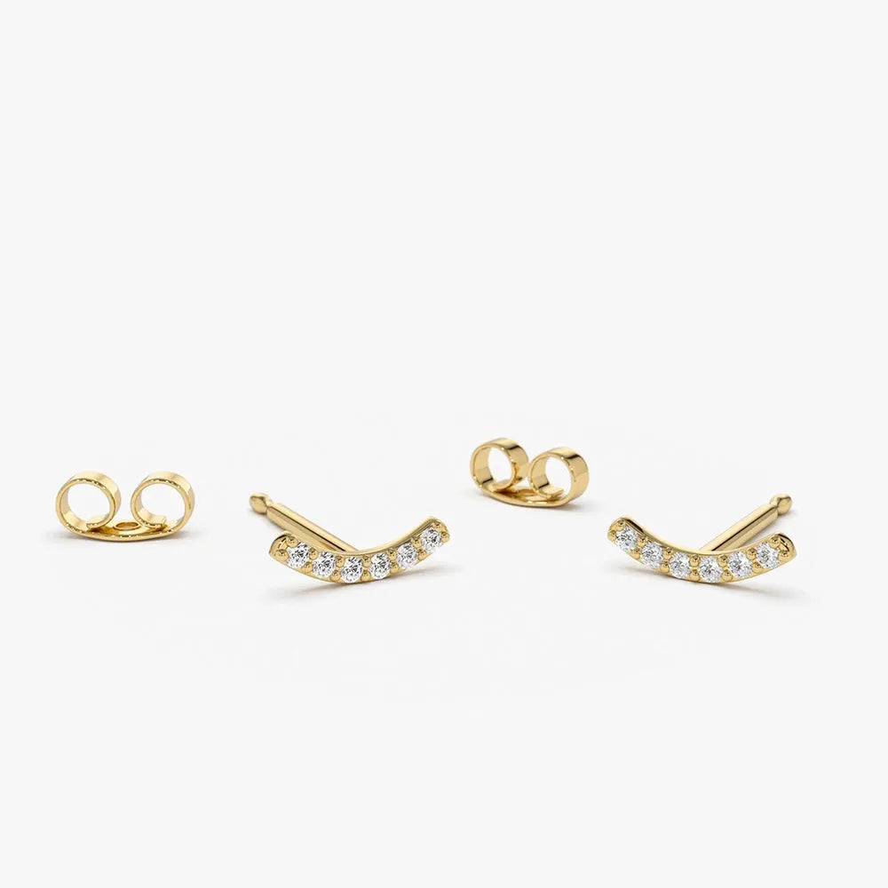 14k Gold Diamond Round Cut Curved Bar Stud Earrings Micro Pave 0.10 ctw