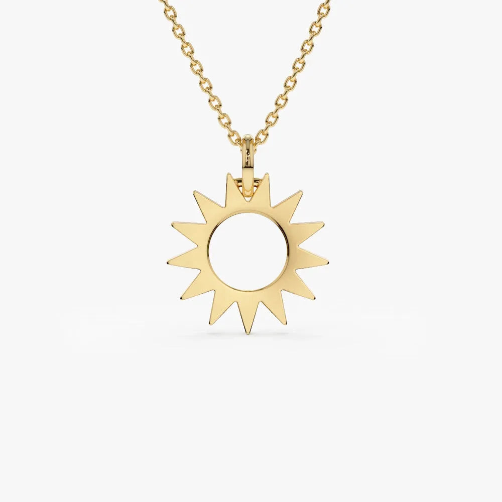 14k Solid Gold Sun Celestial Pendant Necklace