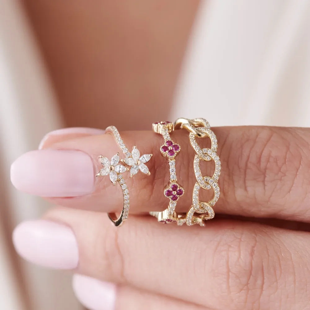 14k Gold Round Diamond Curb Link Pave Ring 0.28 Carat