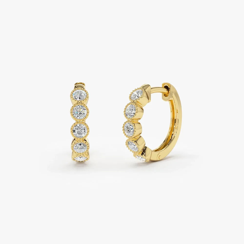 14k Gold Diamond Round Cut Bezel Setting Huggie Earrings 0.30 ctw