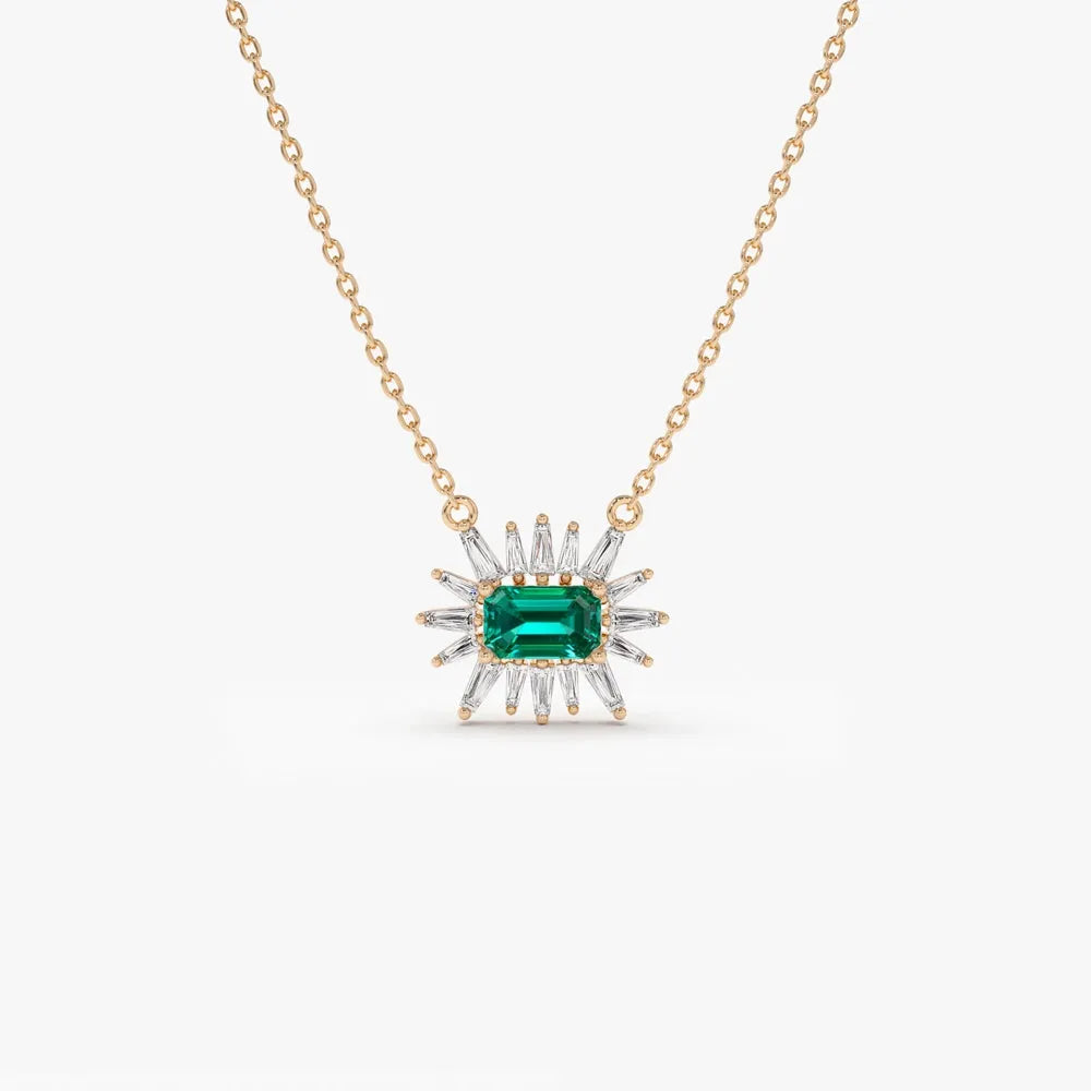 14k Solid Gold Emerald Cut Emerald 0.25 CTW and Tapered Baguette Diamond 0.25 CTW Pendant Necklace