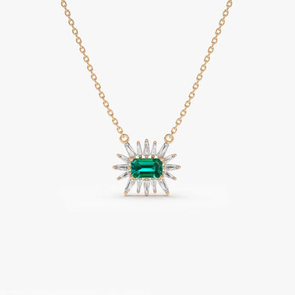 14k Solid Gold Emerald Cut Emerald 0.25 CTW and Tapered Baguette Diamond 0.25 CTW Pendant Necklace