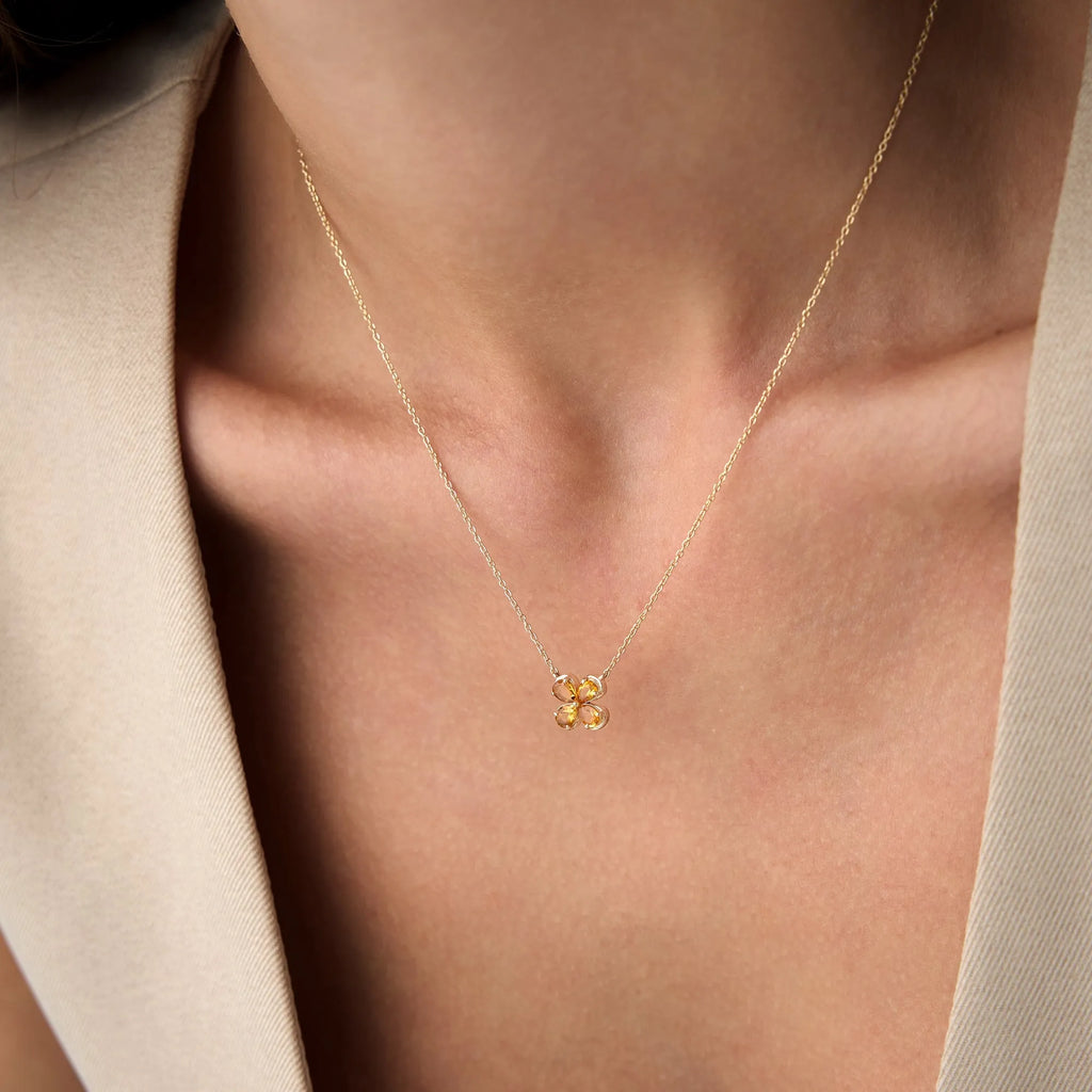 14k Solid Gold Citrine Pear Shaped Four Leaf Clover Necklace 0.55 Carat