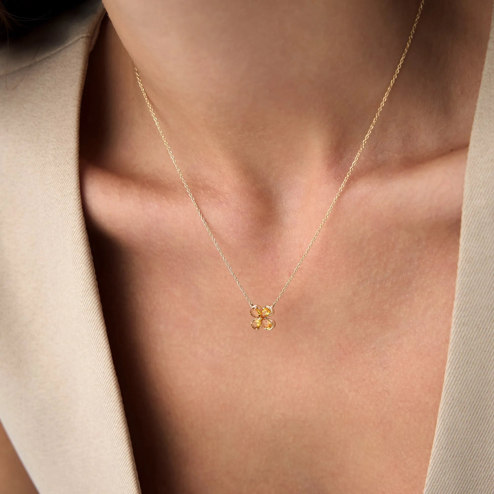 14k Solid Gold Citrine Pear Shaped Four Leaf Clover Necklace 0.55 Carat