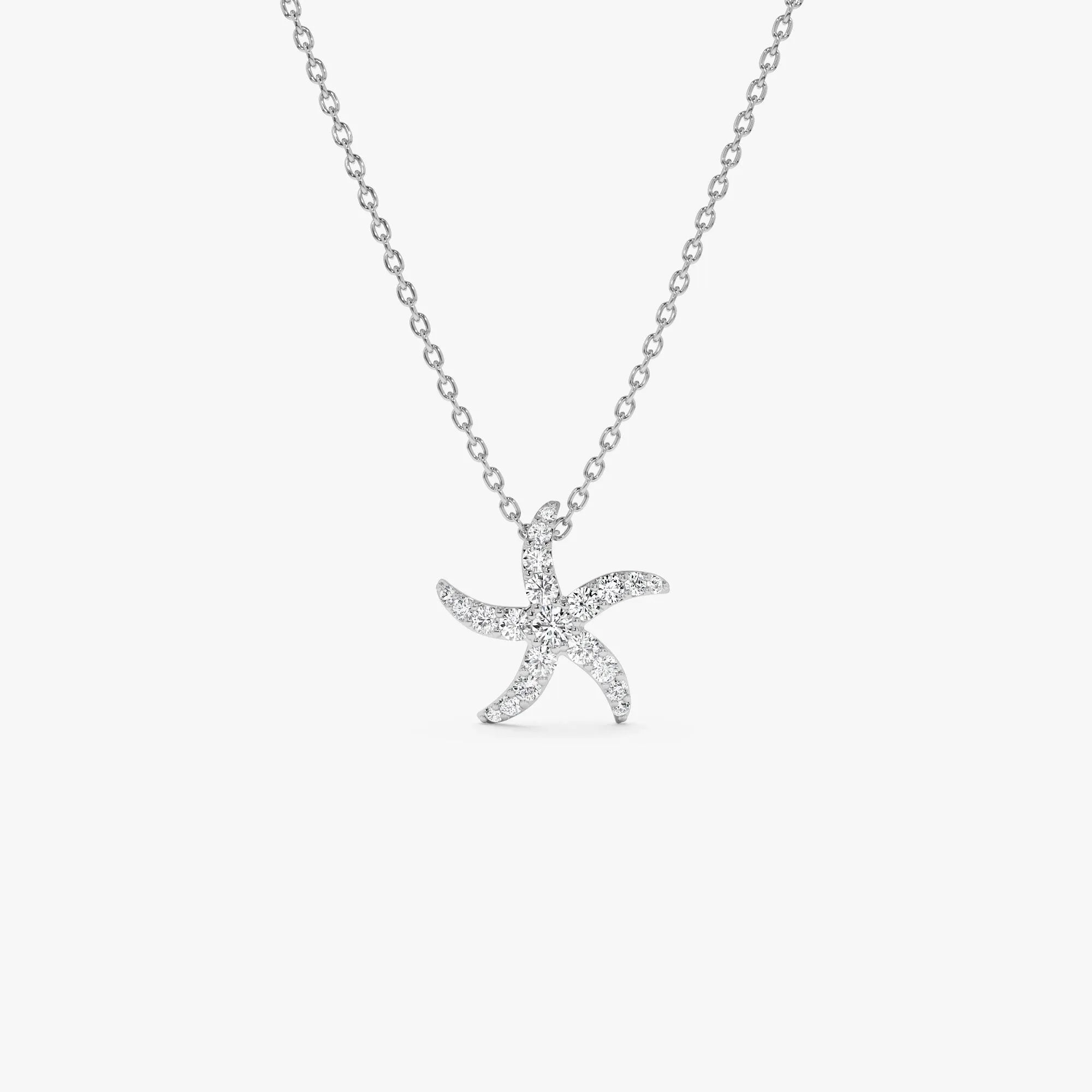 14K Solid Gold 0.25 CTW Round Diamond Starfish Charm Pendant Necklace